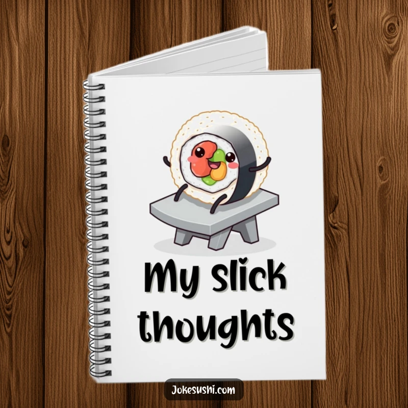Funny notebook cover with a sushi roll character with legs happily sliding down a ramp, inspiring smooth thinking and creative entries.