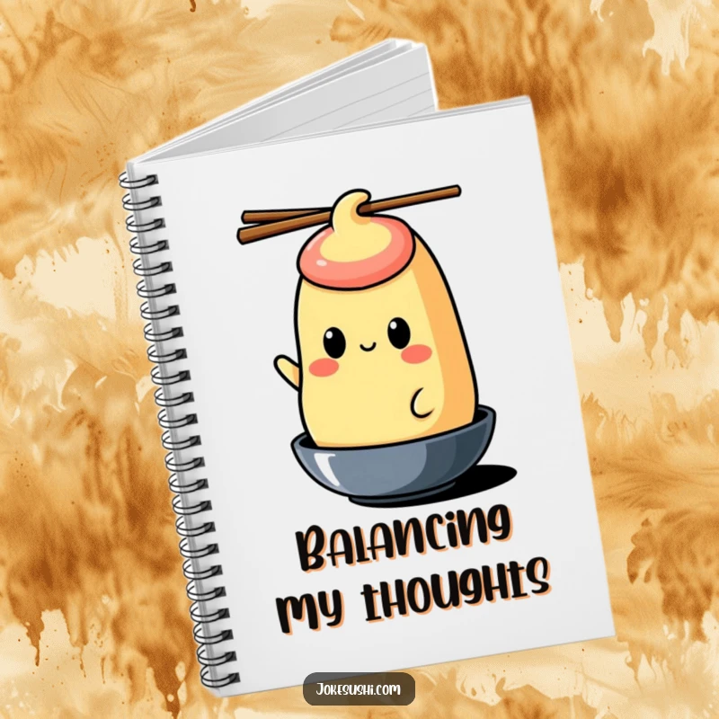Funny tamagoyaki notebook featuring a cheerful character balancing chopsticks on its head, for jotting ideas.