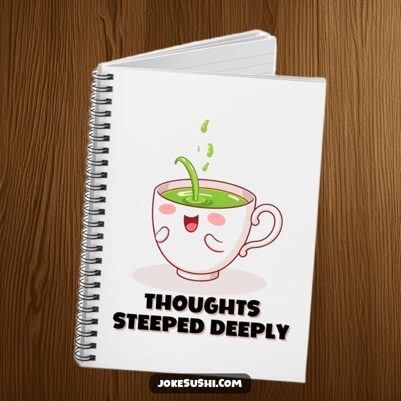 Funny notebook with a giggling tea cup character spilling green tea on itself, ideal for journaling creative and comically chaotic thoughts.