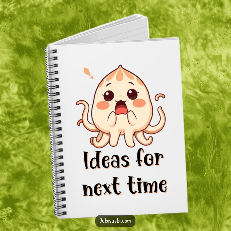 Funny surprised takoyaki character with its tentacles playfully tickled, ready for notes in this funny notebook.