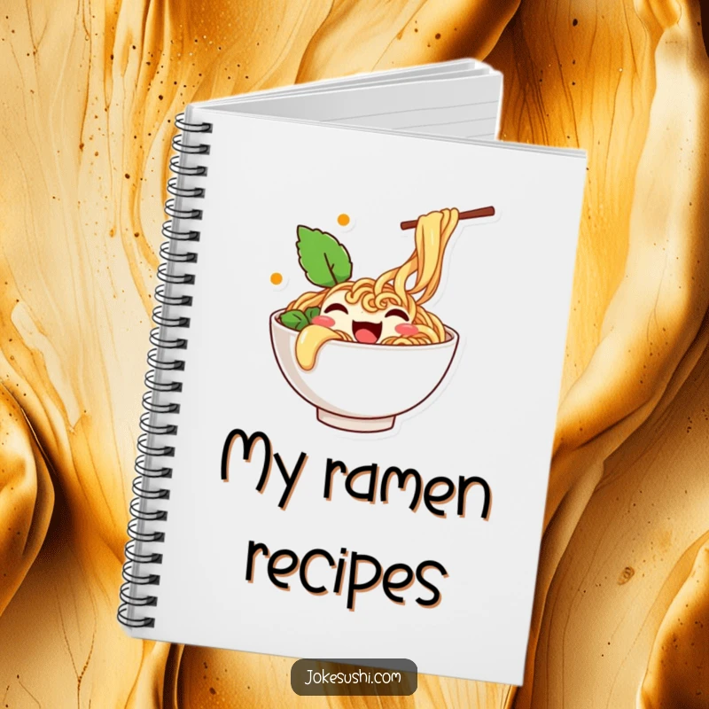 Funny notebook with a happy ramen bowl character overflowing with noodles and wiggling, ready for your notes.