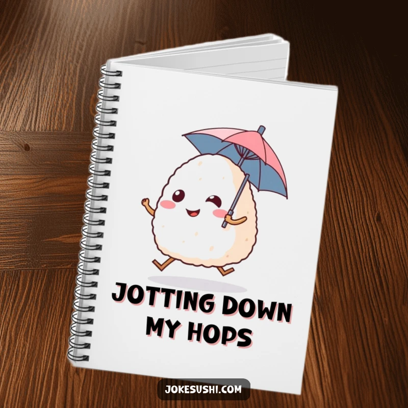 Funny notebook featuring a smiling onigiri rice ball character with legs hopping, holding a tiny umbrella, perfect for journaling.