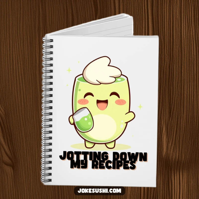 Funny notebook with a grinning matcha green tea character cheerfully pouring tea, perfect for jotting down notes with humor.