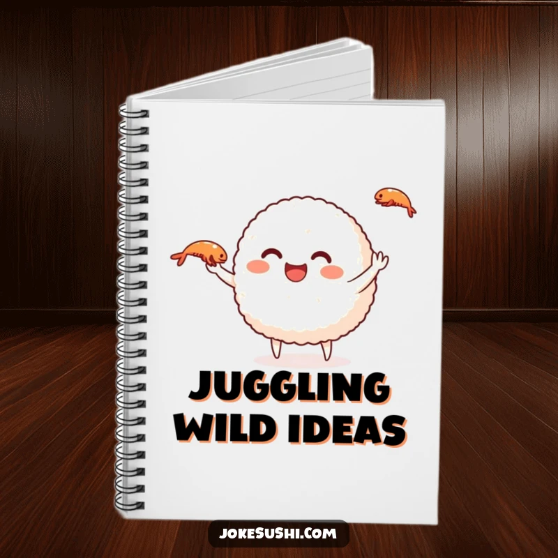 Funny rice ball notebook featuring a smiling character juggling shrimp, perfect for jotting down tasks and ideas.