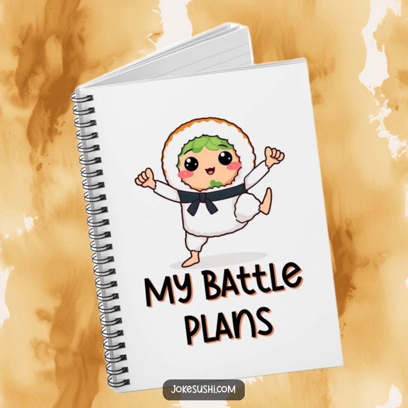Funny sushi roll character striking a karate pose on a notebook cover, inspiring powerful note-taking.