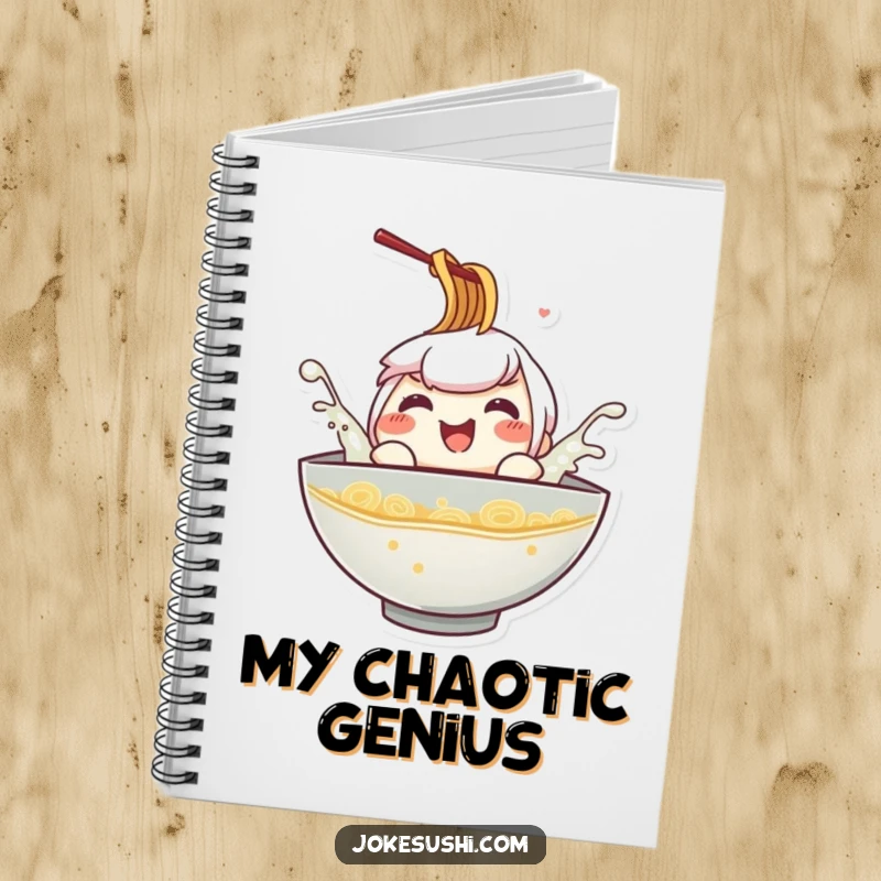 Funny ramen bowl notebook, a happy character splashing in broth, inspiring creativity with its humorous design.