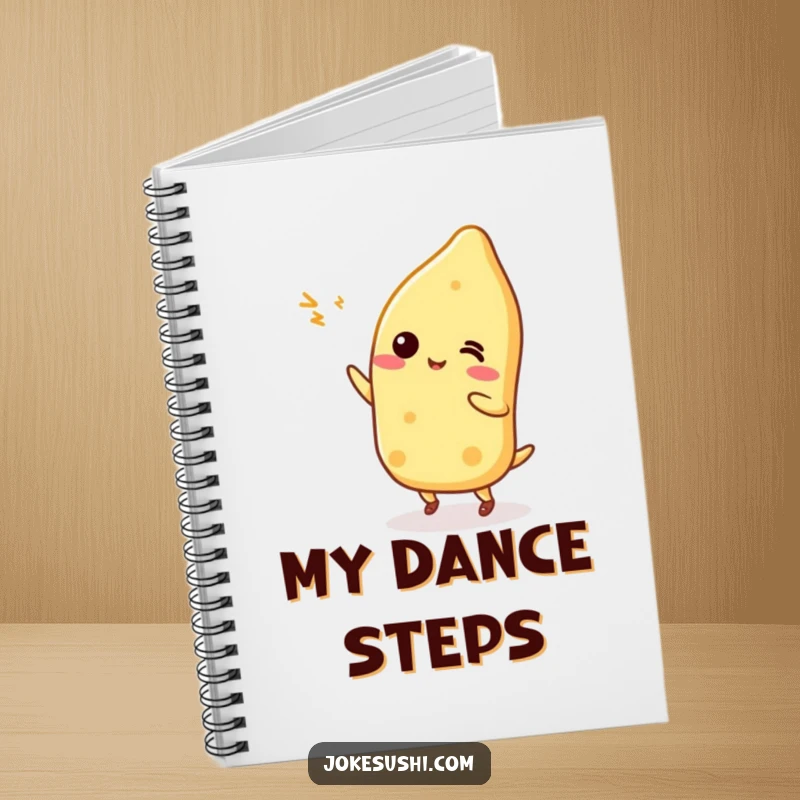 Funny Tamagoyaki character doing a silly dance on a notebook cover, inspiring creative thoughts and fun plans.