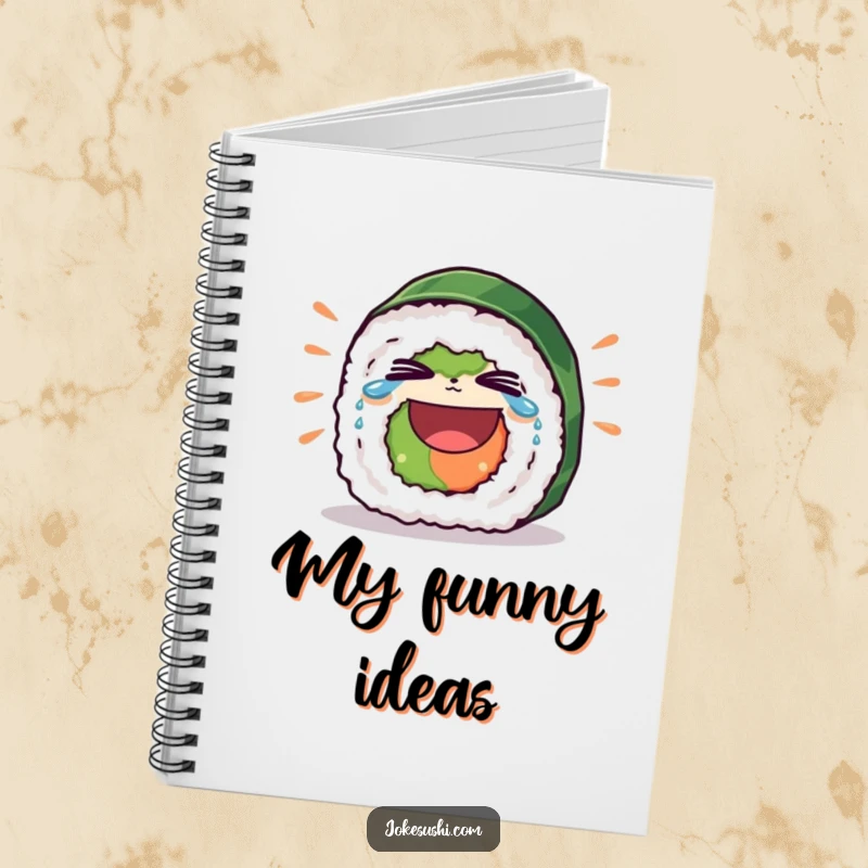 Funny notebook featuring a sushi roll character bursting into laughter, tears flowing from its eyes, perfect for note-taking.