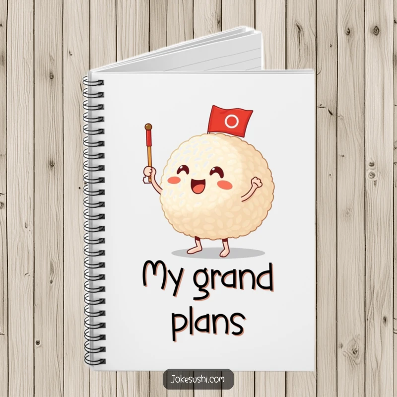 Funny Notebook: A cheerful rice ball character waving a flag on the cover, ideal for fun notes and a funny gift.