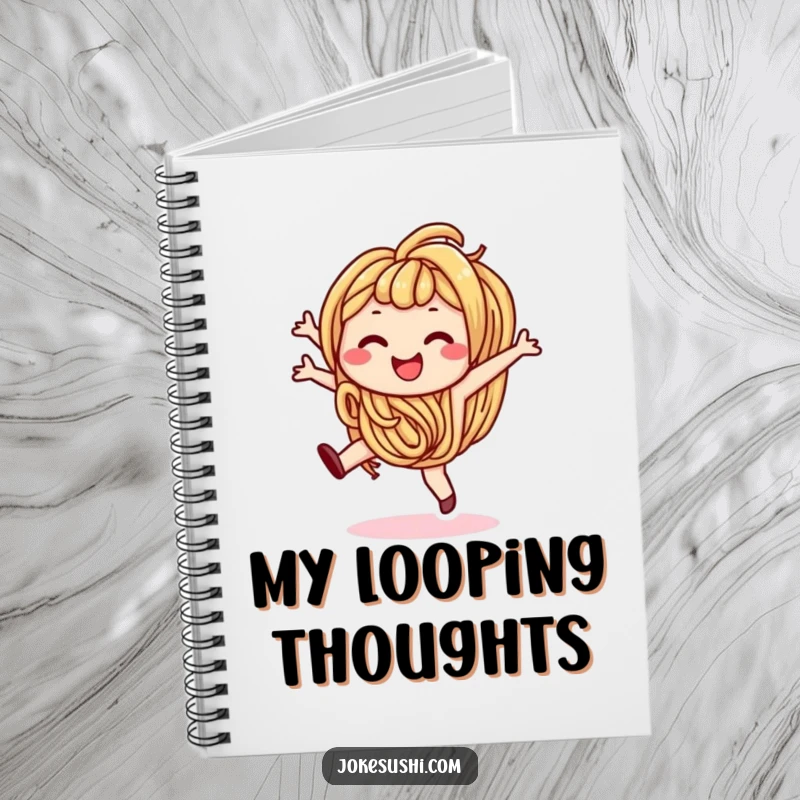 Funny notebook featuring a smiling udon noodle character doing a cartwheel, ideal for jotting down recipes and ideas.
