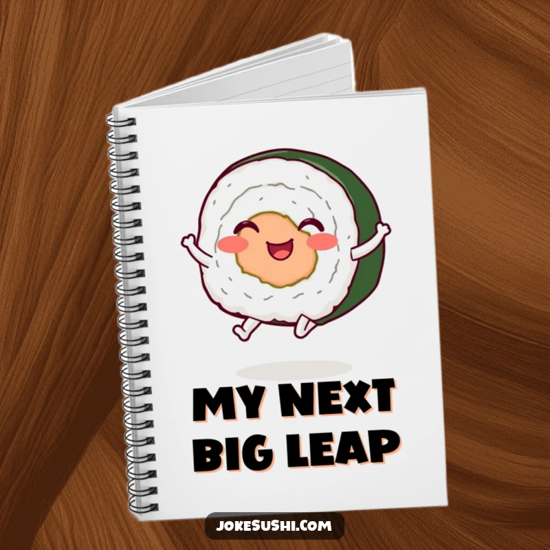 Funny sushi roll notebook, a happy character with legs jumping, inspiring creativity with its humorous design.