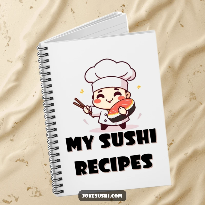 Funny notebook featuring a playful sushi chef character spinning a piece of tuna, perfect for notes.