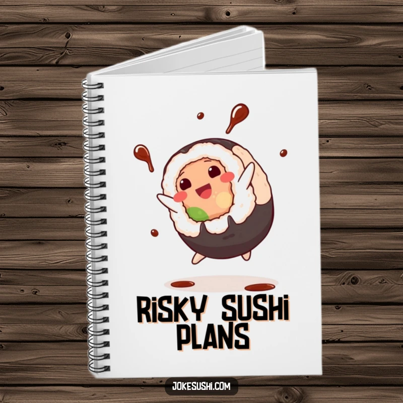 Funny Notebook: Plump sushi roll character doing a cartwheel with soy sauce splashing, ideal for capturing funny ideas and notes.