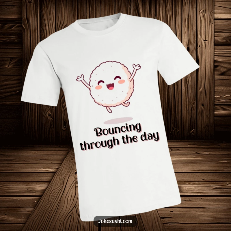 Funny Rice Ball T-Shirt: A happy rice ball with stubby arms is caught mid-jump, radiating pure joy and playful spirit.