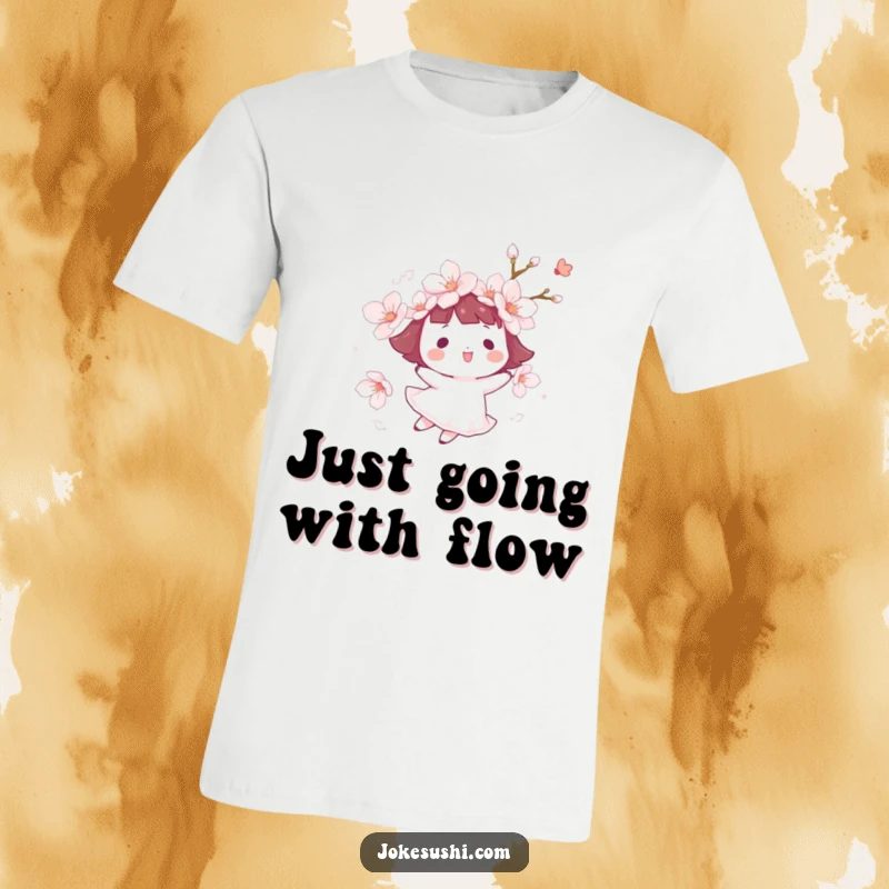 Funny cherry blossom t-shirt showing a character happily floating on a gentle breeze, capturing a feeling of freedom and serene happiness.