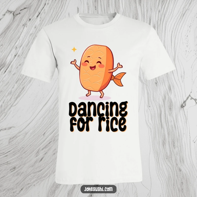 Funny salmon nigiri t-shirt showing a cheerful sushi roll doing a celebratory dance with its small feet, a fun food apparel.