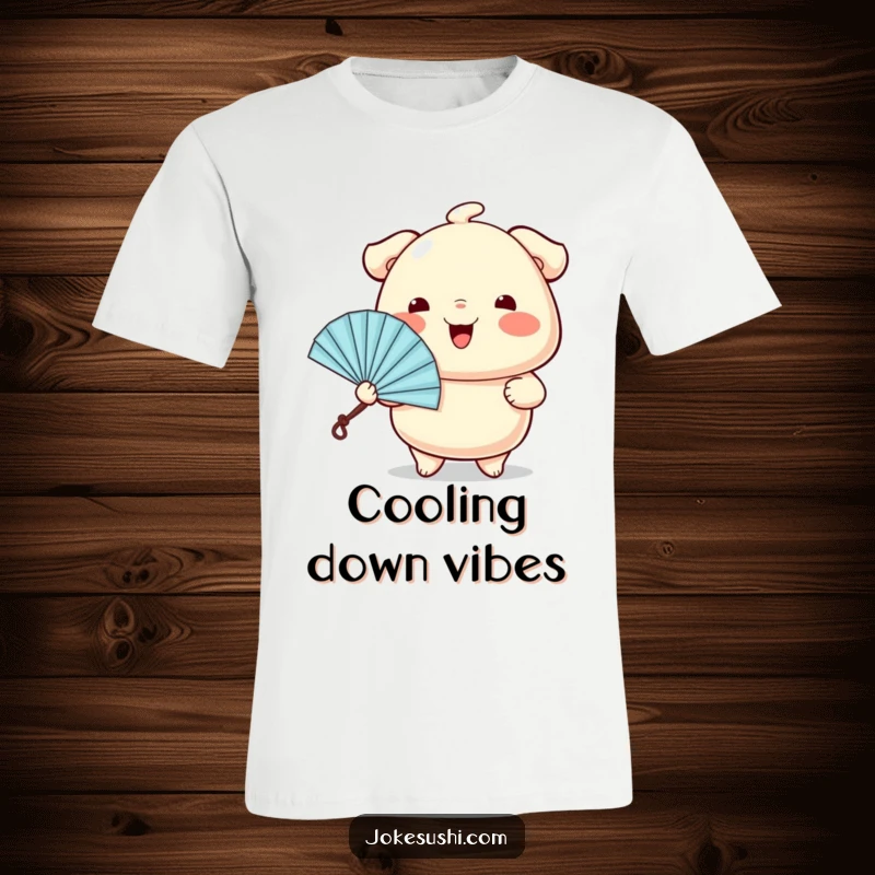 Funny t-shirt depicting a wiggling dumpling character cheerfully presenting a tiny fan, embodying cute refreshment.