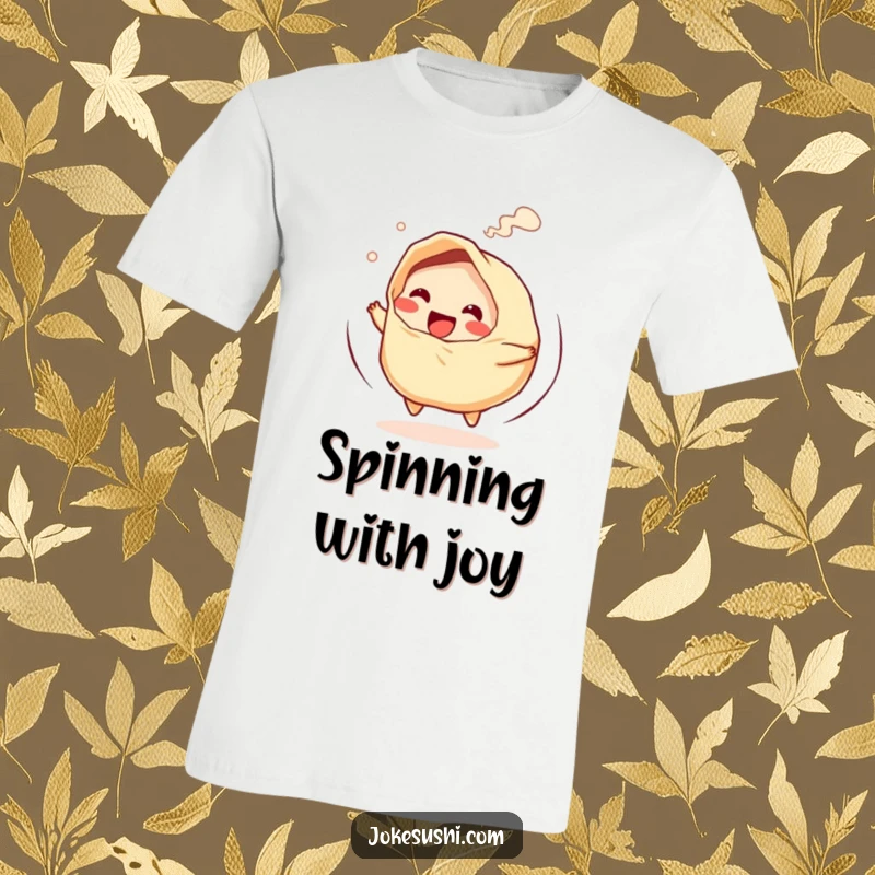 Funny t-shirt with a giggling gyoza character spinning rapidly with steam rising, great for foodies.