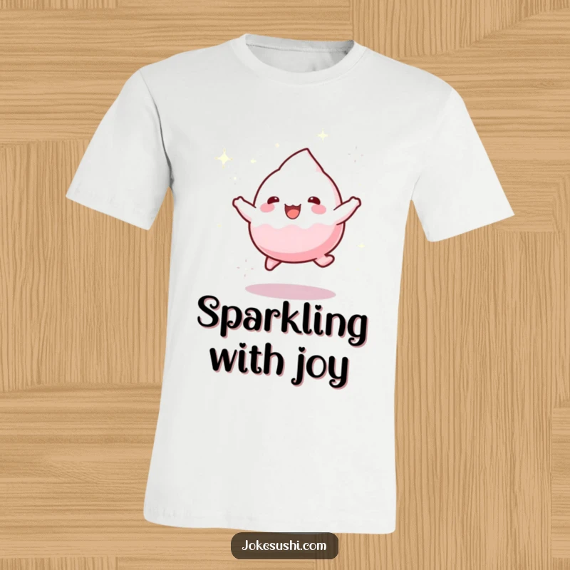 Funny t-shirt showcasing a playful mochi character gleefully bouncing with a shimmering trail of sparkling dust.