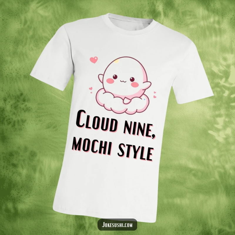 Funny t-shirt showing a cheerful mochi character bouncing joyfully on a fluffy cloud, a cute and whimsical apparel choice.