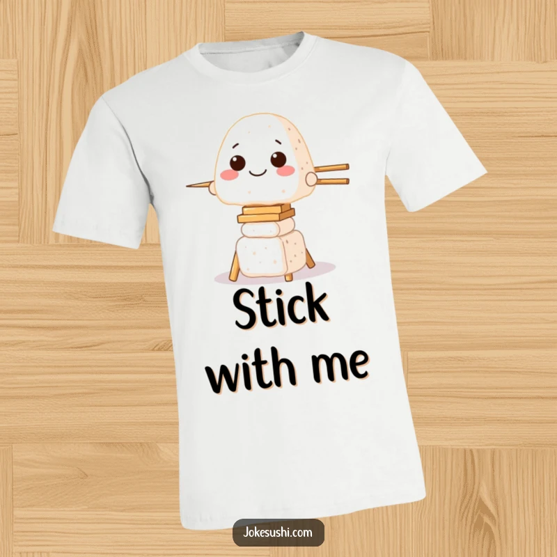 Funny t-shirt showing a happy onigiri balancing on a precarious tower of chopsticks, illustrating a funny food challenge.