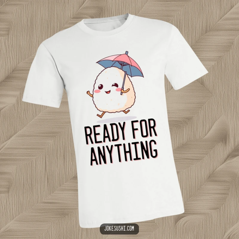 Funny t-shirt with a smiling onigiri rice ball character joyfully hopping, holding a small umbrella, perfect for casual wear.
