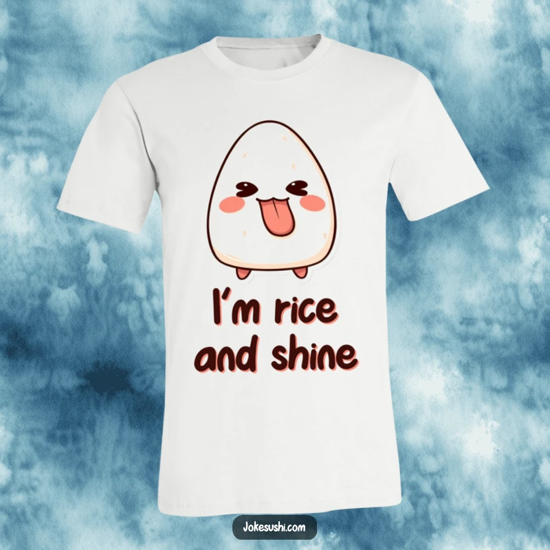 Funny onigiri t-shirt featuring a mischievous character playfully sticking its tongue out, representing a lighthearted and amusing food-themed design.
