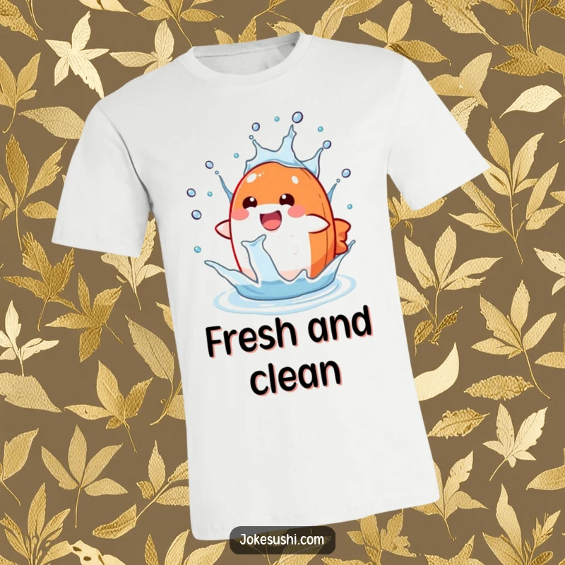Funny salmon nigiri t-shirt depicting a delighted character splashing playfully in water, a humorous and cool shirt.