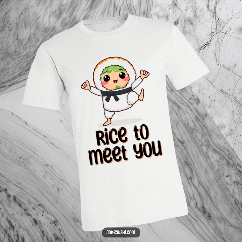 Funny sushi roll with legs performing a dynamic karate pose on a t-shirt, ready for delicious action.