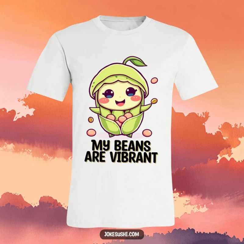 Funny t-shirt graphic of a happy edamame pod character with beans popping out, showing excitement and a love for healthy eating.