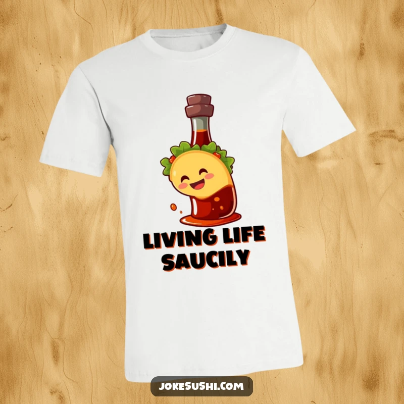 Funny t-shirt featuring a happy taco character with a wide grin, gleefully sliding down a soy sauce bottle. Hilarious food-themed apparel.