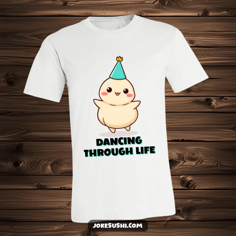 Funny twirling dumpling t-shirt, a festive character with a party hat spinning with joy and excitement.