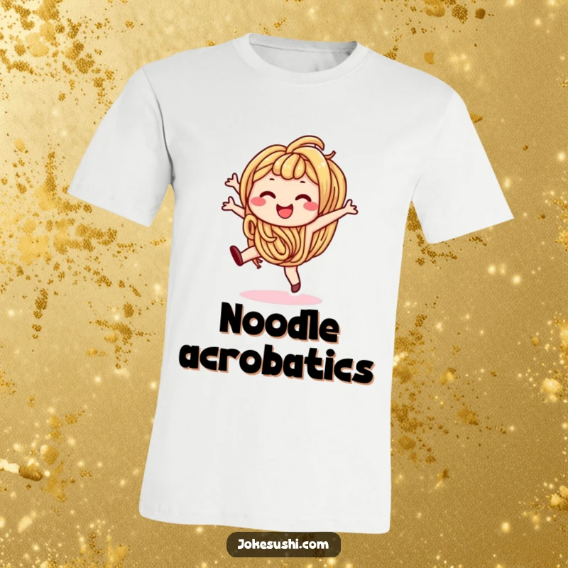 Funny t-shirt depicting a happy udon noodle character doing a cartwheel, celebrating food and playful activity.