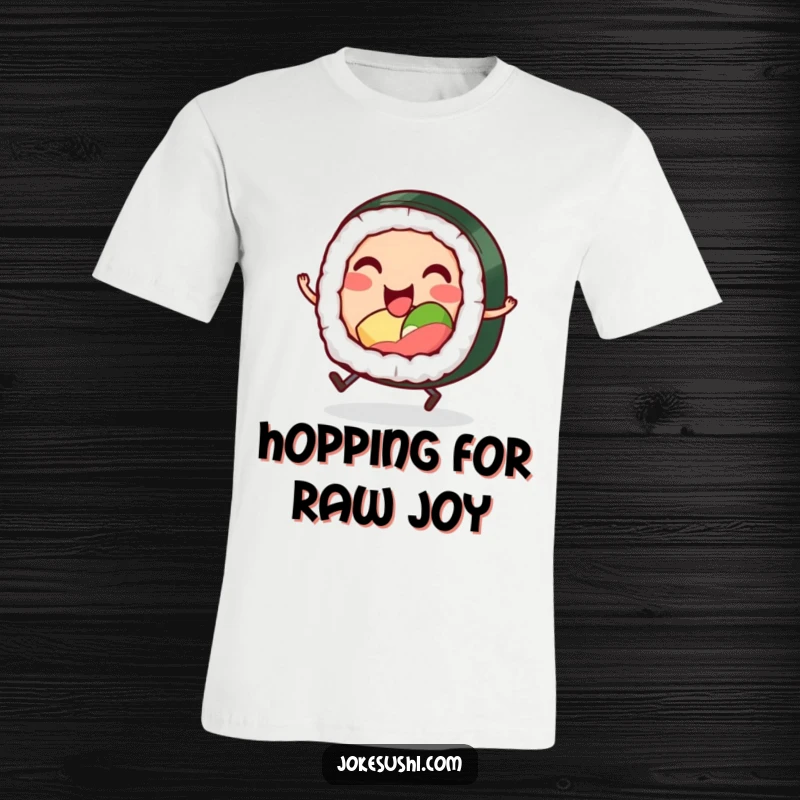 Funny t-shirt featuring a smiling sushi roll character with tiny legs, hopping excitedly, perfect for expressing a love for sushi.