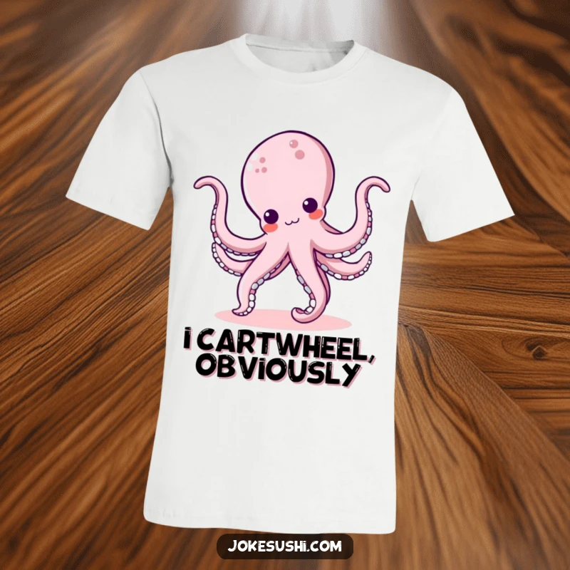 Funny kawaii octopus character performing a dynamic cartwheel with its bouncy tentacles, a hilarious and vibrant t-shirt design.