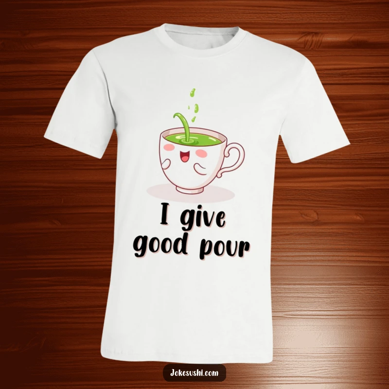 Funny t-shirt depicting a giggling tea cup character joyfully spilling green tea upon itself, celebrating self-deprecating humor.