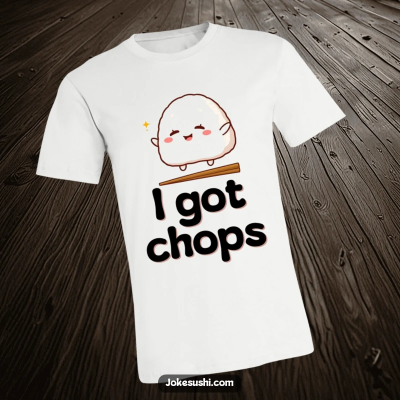 Funny t-shirt with a winking onigiri character playfully jumping over a chopstick, symbolizing lighthearted fun and Japanese culinary wit.