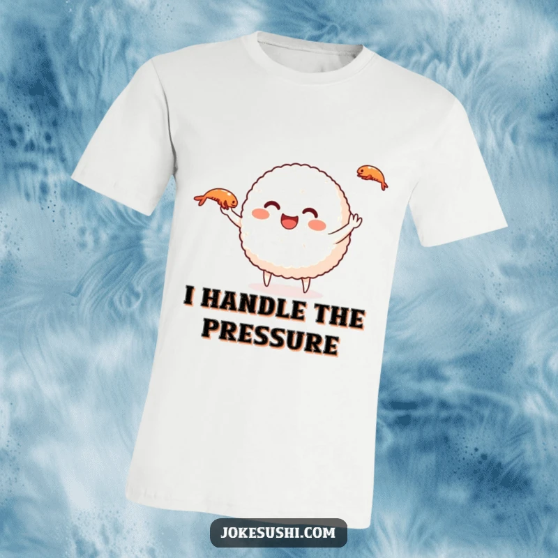 Funny rice ball t-shirt depicting a happy character juggling shrimp, a humorous and comfortable apparel choice.
