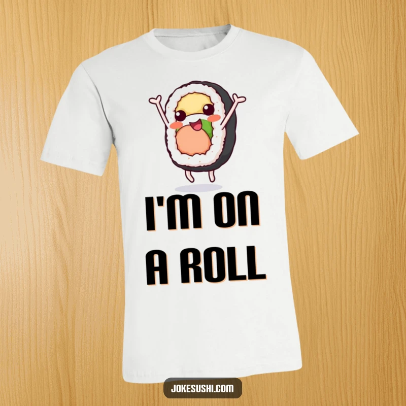 Funny T-Shirt: A sushi roll with limbs cheerfully does a somersault, showcasing a fun and energetic foodie funny gift.