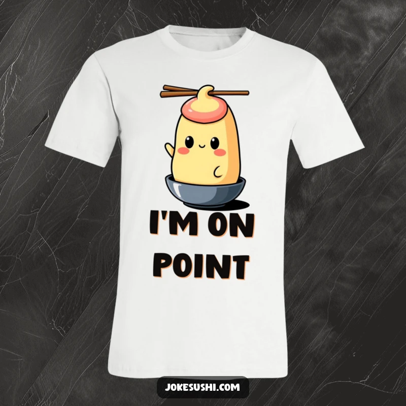 Funny tamagoyaki t-shirt depicting a cheerful character balancing chopsticks on its head, humorous and stylish.