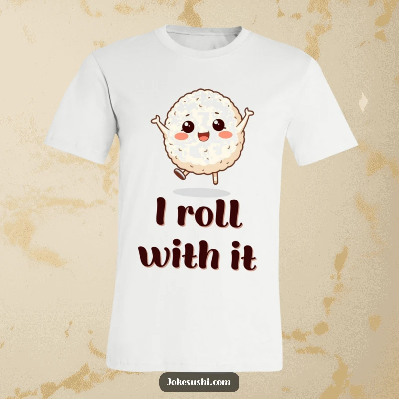 Funny t-shirt showcasing a joyful rice ball character mid-cartwheel, symbolizing boundless energy and comedic food-themed fun.