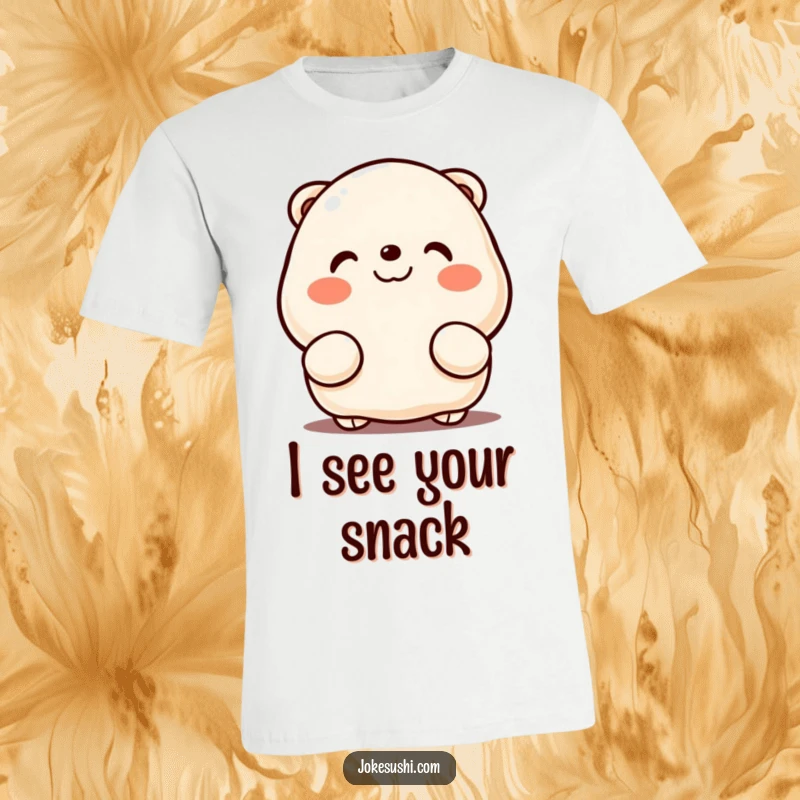 Funny t-shirt featuring a smiling dumpling character with rosy cheeks, peeking shyly from its hands in a cute, humorous pose.