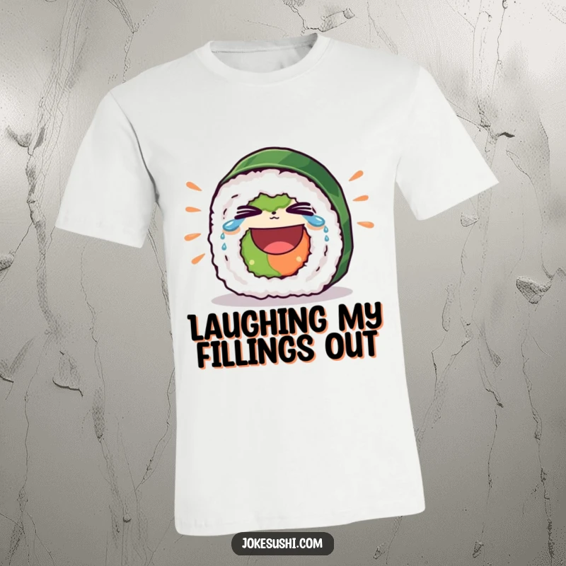 Funny t-shirt with a sushi roll character erupting in laughter, tears flowing from its eyes, perfect for casual, humorous wear.