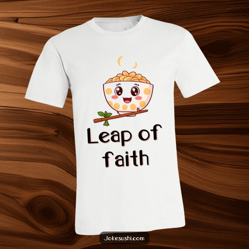 Funny t-shirt featuring a ramen bowl with googly eyes, bouncing and leaping over a chopstick, showcasing energetic food.