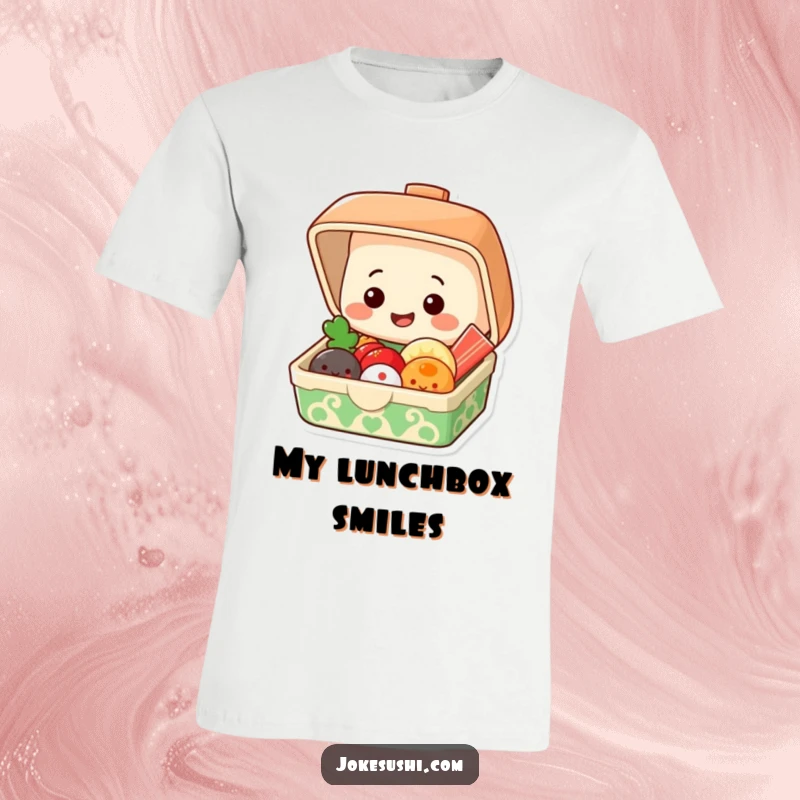 Funny t-shirt featuring a grinning bento box popping open to reveal smiling food items, cheerful design.