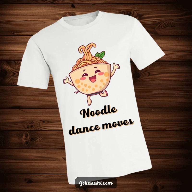 Funny t-shirt featuring a cheerful ramen bowl character dancing energetically, noodles creating a joyful swirl, perfect for casual wear.