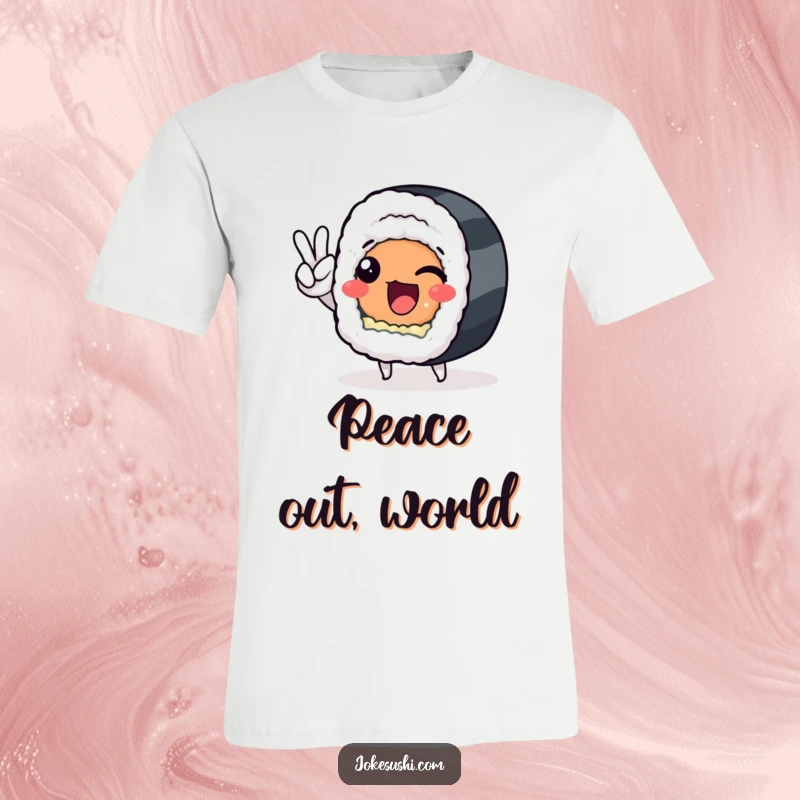 Funny sushi roll character with a cheeky peace sign, printed on a t-shirt, conveying happiness and humor.