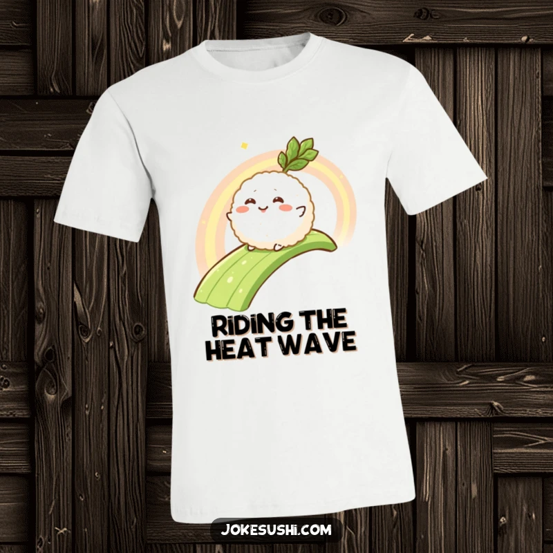 Funny t-shirt depicting a happy rice ball character sliding down a spicy wasabi rainbow, embodying exhilarating fun and flavor.
