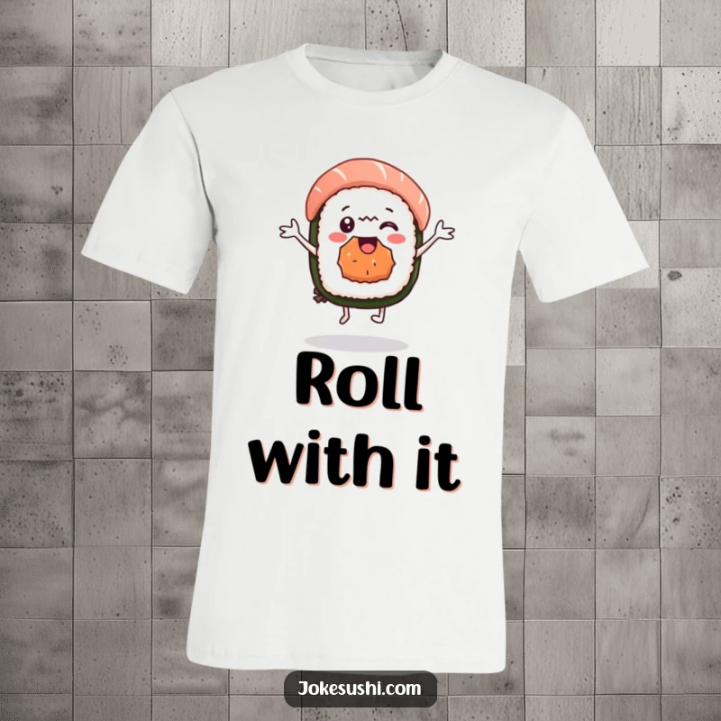 Funny sushi nigiri t-shirt character performing a happy dance, full of energy and delicious delight. A playful and humorous apparel choice.