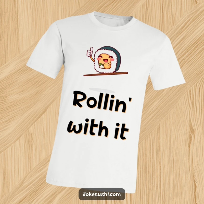 Funny Sushi Roll T-Shirt: Cheerful character thumbs up, balancing on chopsticks, expressing delight and humor.